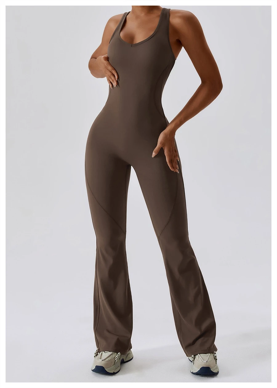 Flare bottom yoga bodysuit for women in black, featuring U-neckline and dancer-inspired silhouette