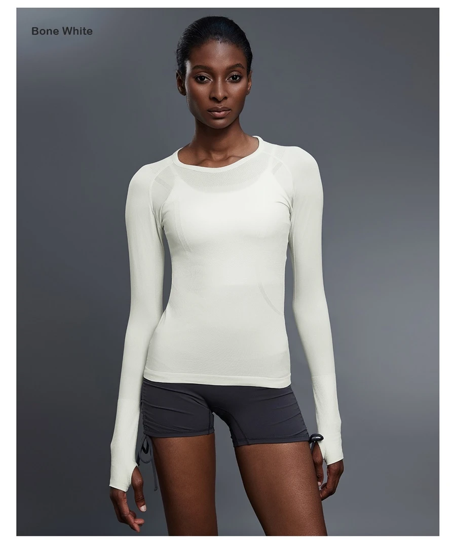 Women's seamless workout shirt with soft stretchy nylon fabric-bone white