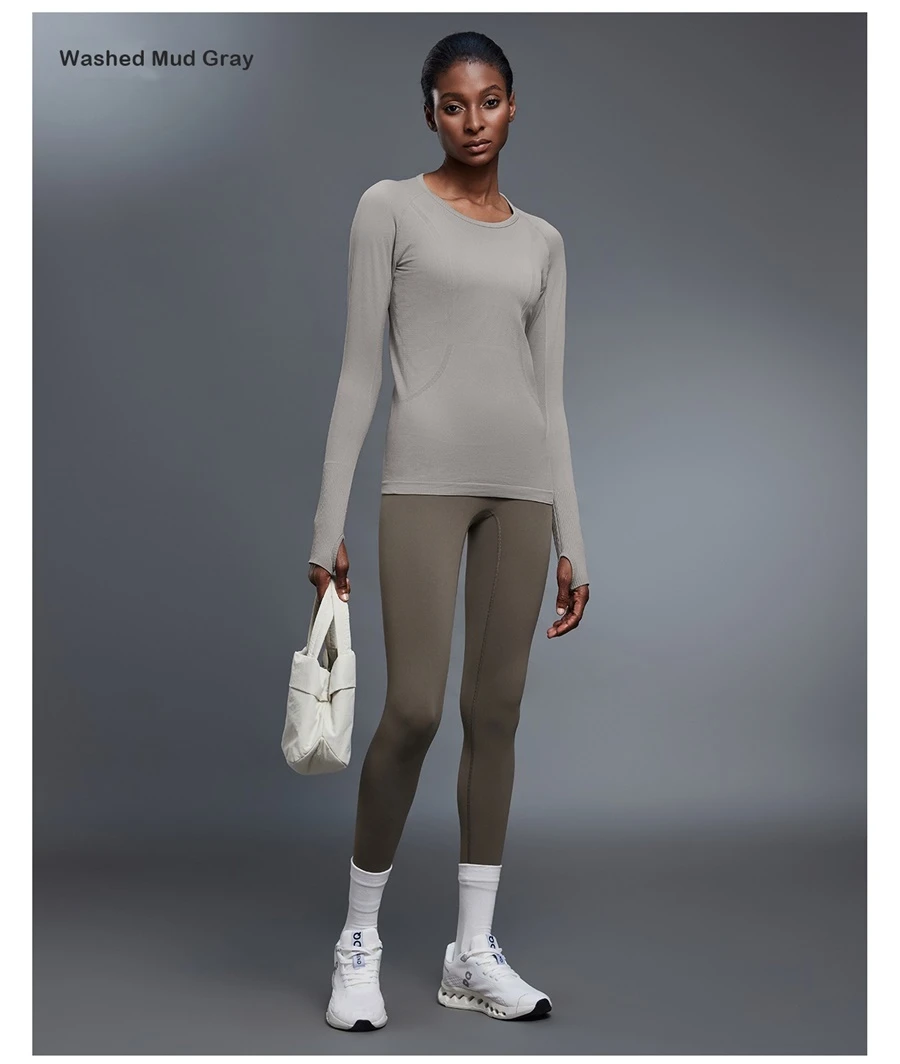 Long sleeve yoga top with thumb hole sleeve design for women-washed mud gray
