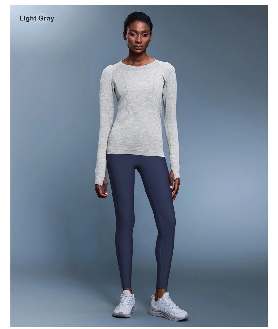 Women's seamless workout shirt with soft stretchy nylon fabric-light gray