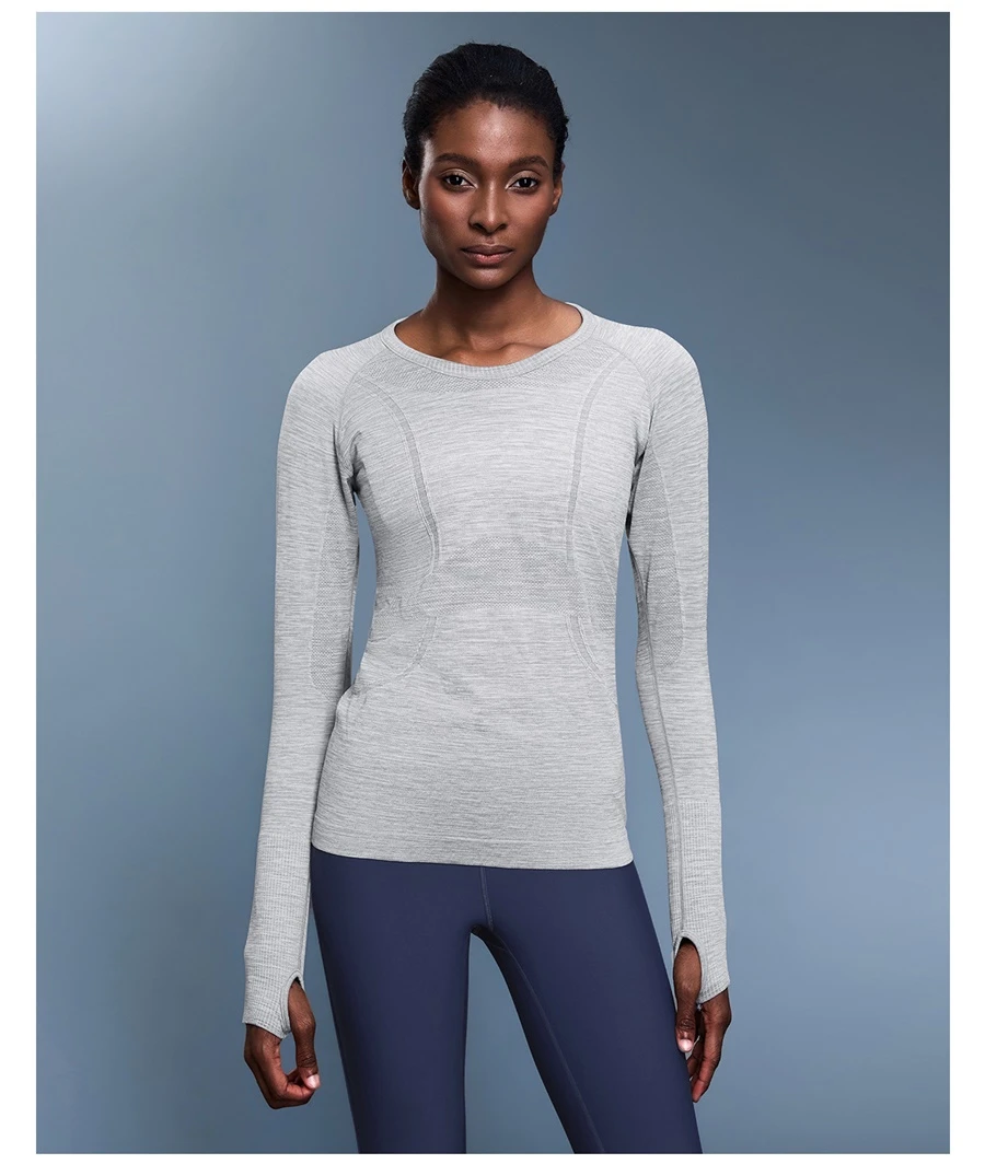 Long sleeve yoga top with thumb hole sleeve design for women-light gray