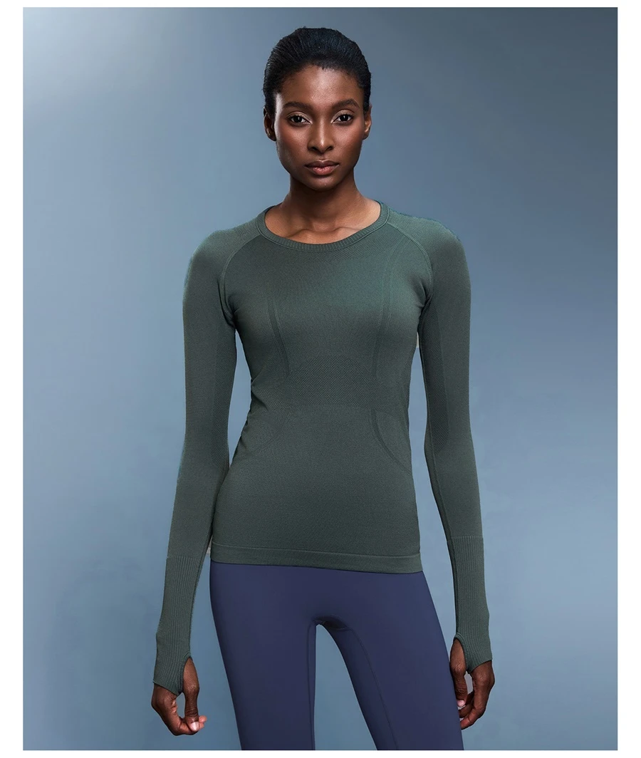 Long sleeve yoga top with thumb hole sleeve design for women-granite green