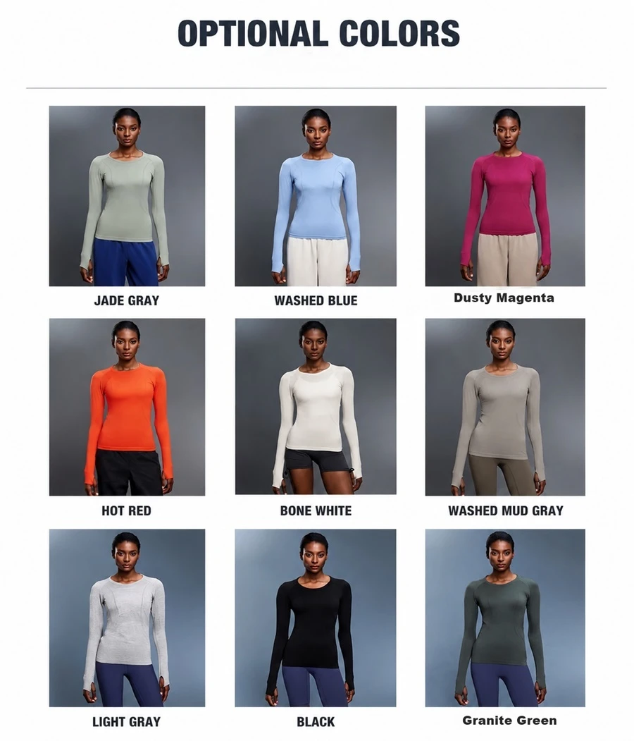 Women's seamless long sleeve yoga top with thumb hole cuffs for fitness and running-available colors