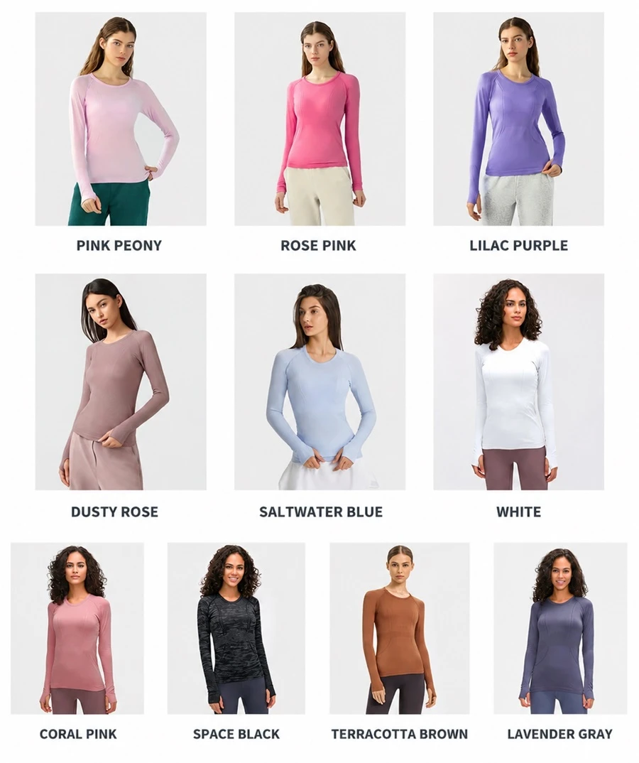 Women's seamless long sleeve yoga top with thumb hole cuffs for fitness and running-available colors