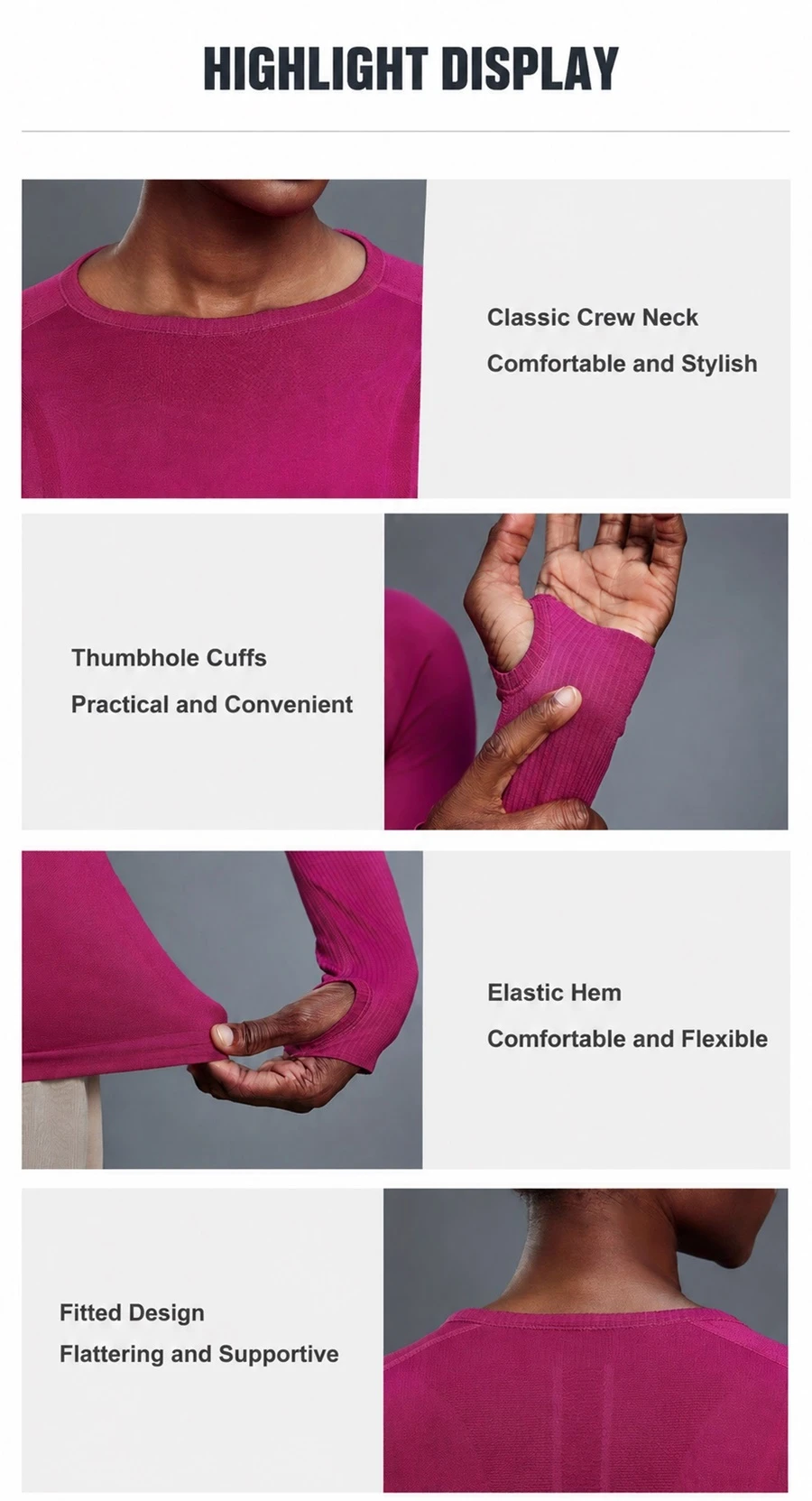 Women's seamless long sleeve yoga top with thumb hole cuffs for fitness and running-key features
