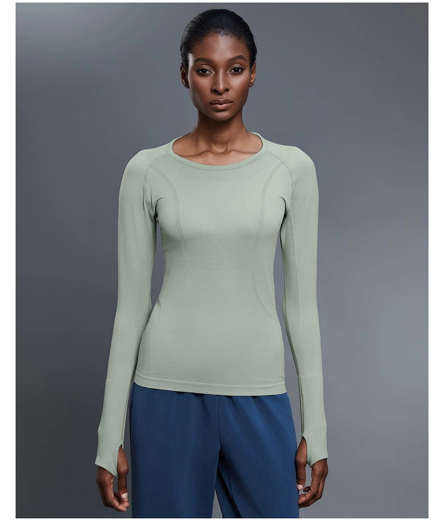 Long sleeve yoga top with thumb hole sleeve design for women-jade gray