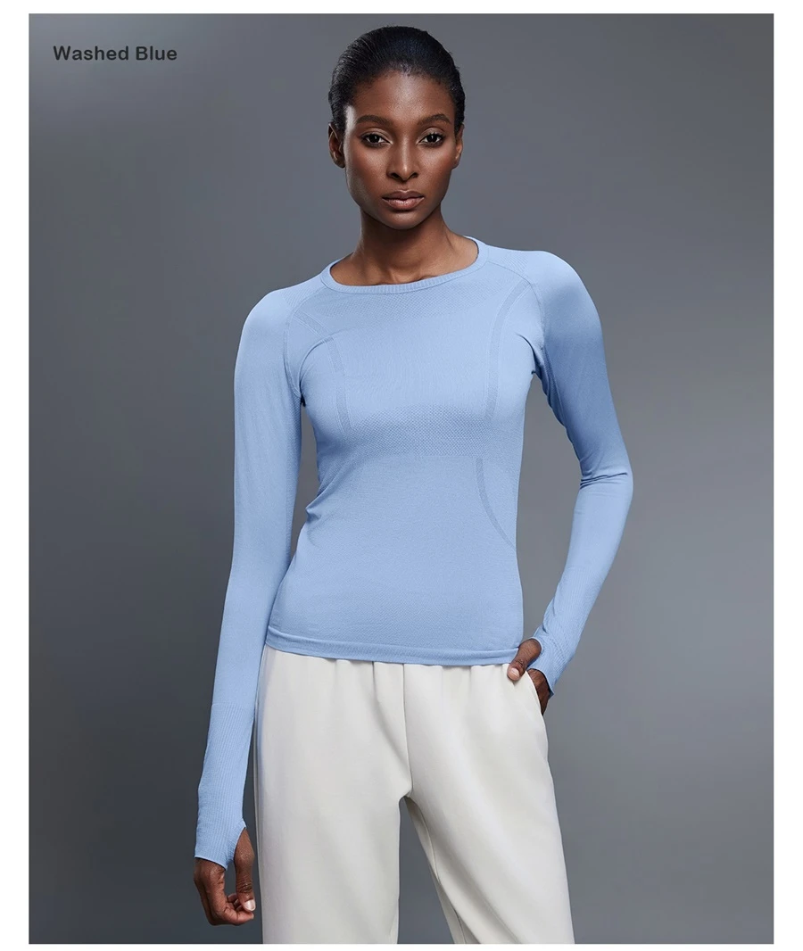 Women's seamless workout shirt with soft stretchy nylon fabric-washed blue