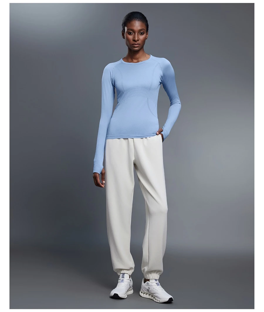 Long sleeve yoga top with thumb hole sleeve design for women-washed blue