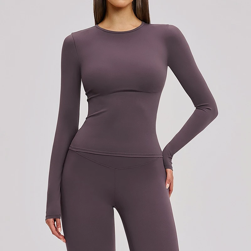 Women's winter brushed long sleeve yoga top with four-way stretch compression fabric for yoga, Pilates, running and gym workouts