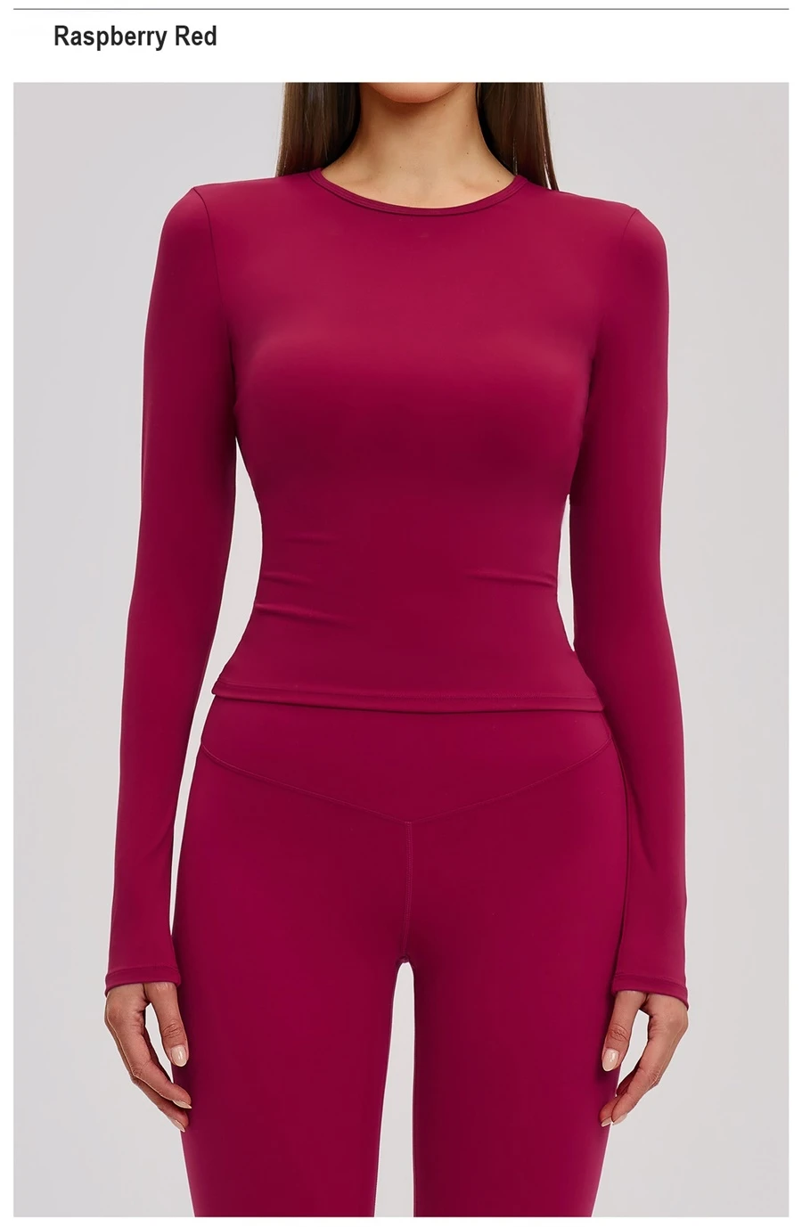 Women's winter brushed long sleeve yoga top with four-way stretch compression fabric for yoga, Pilates, running and gym workouts-red