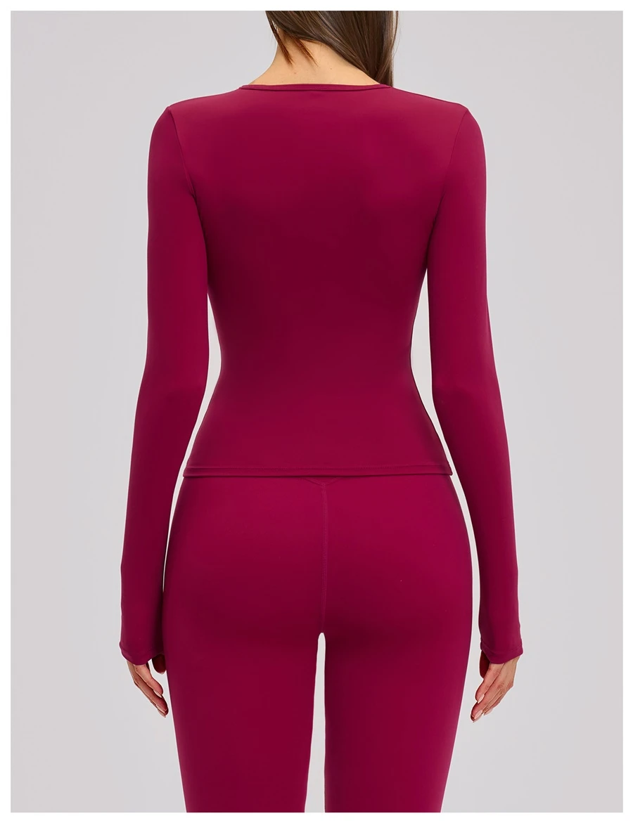 back view for Women's winter brushed long sleeve yoga top with four-way stretch compression fabric for yoga, Pilates, running and gym workouts-red