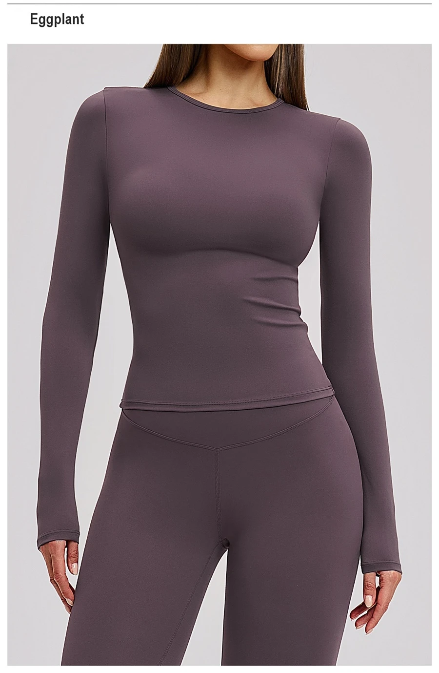 front view for Women's winter brushed long sleeve yoga top with four-way stretch compression fabric for yoga, Pilates, running and gym workouts-eggplant