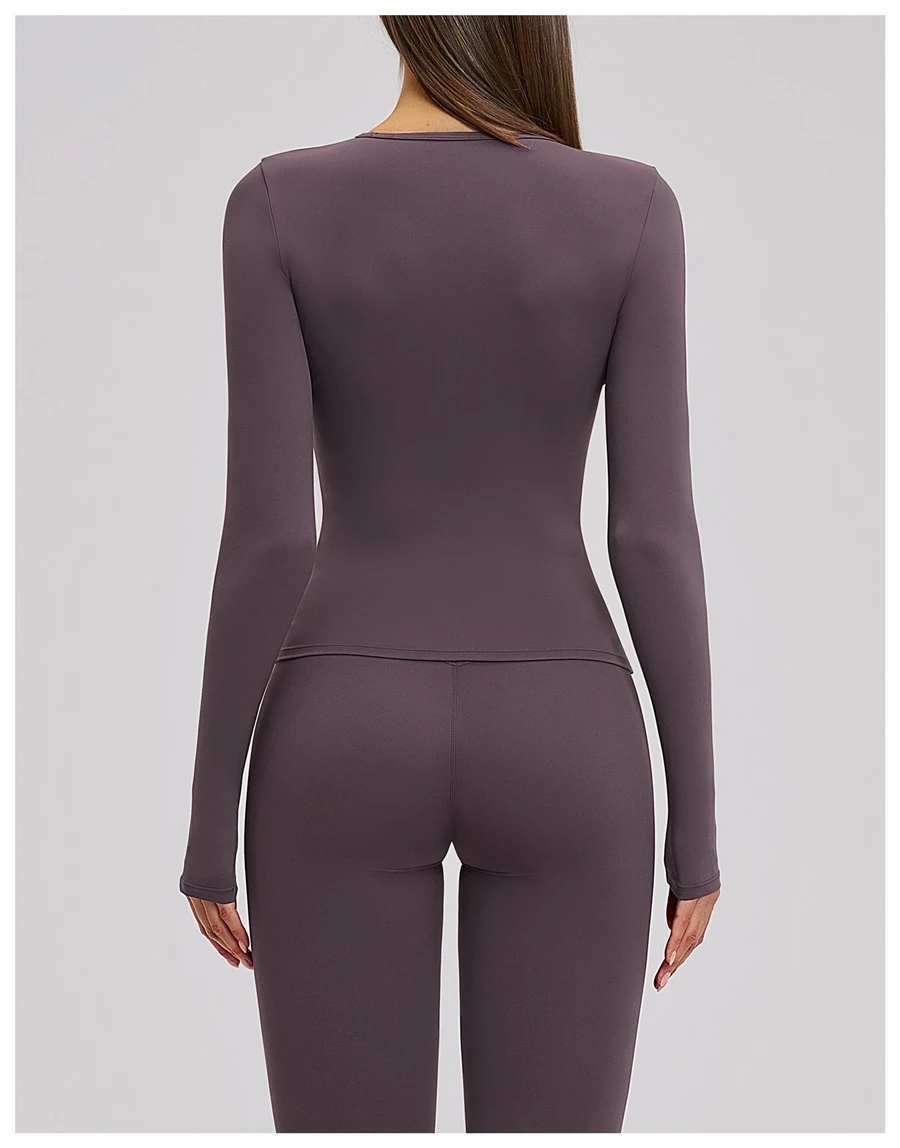 back view for Women's winter brushed long sleeve yoga top with four-way stretch compression fabric for yoga, Pilates, running and gym workouts-eggplant