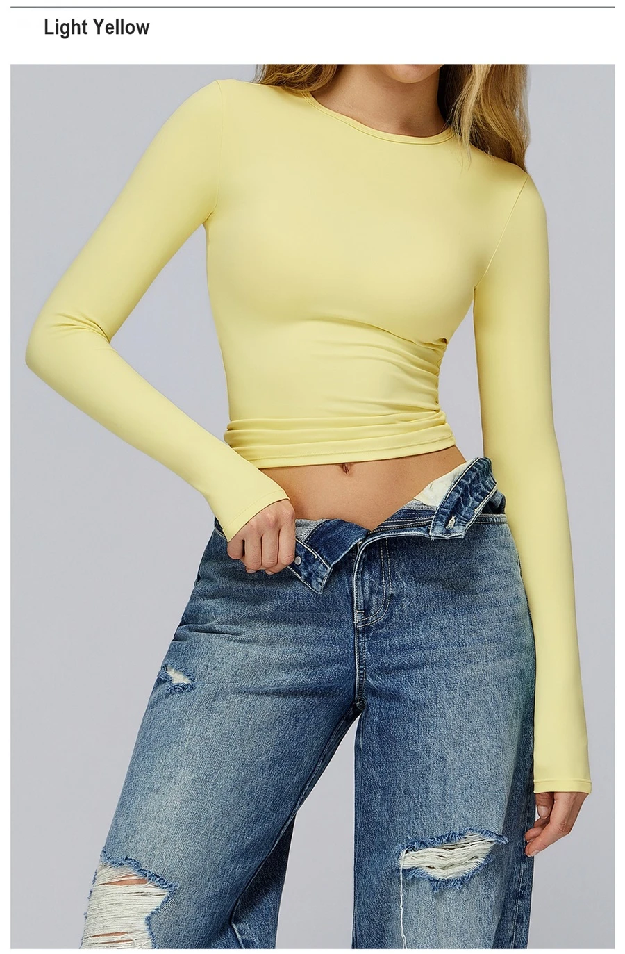 front view for Women's winter brushed long sleeve yoga top with four-way stretch compression fabric for yoga, Pilates, running and gym workouts-light yellow