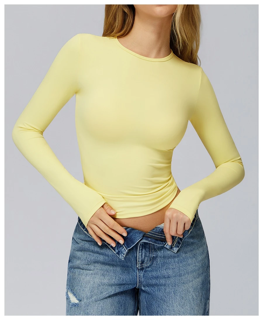Women's winter brushed long sleeve yoga top with four-way stretch compression fabric for yoga, Pilates, running and gym workouts-light yellow