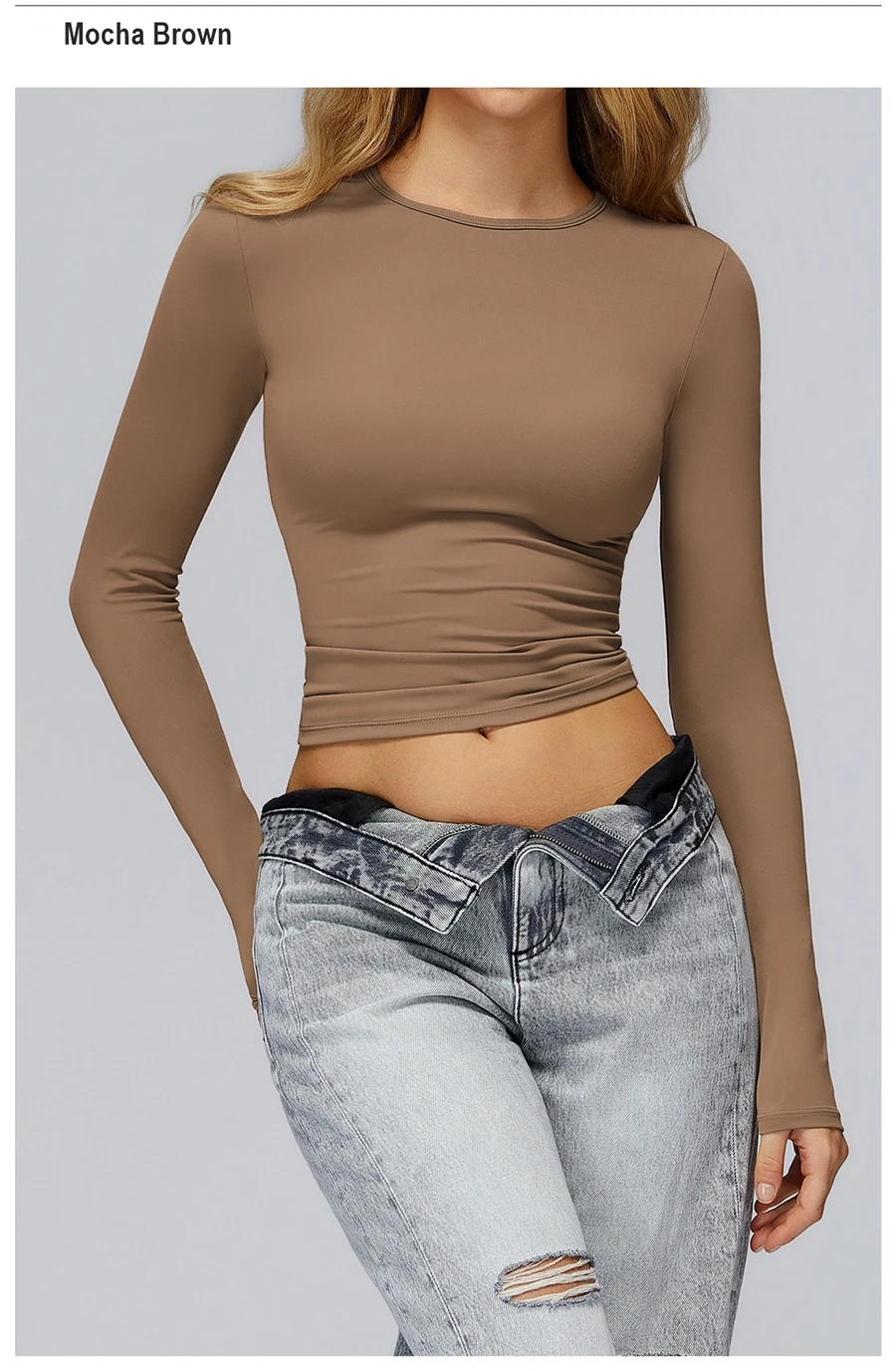 front view for Women's winter brushed long sleeve yoga top with four-way stretch compression fabric for yoga, Pilates, running and gym workouts-mocha brown