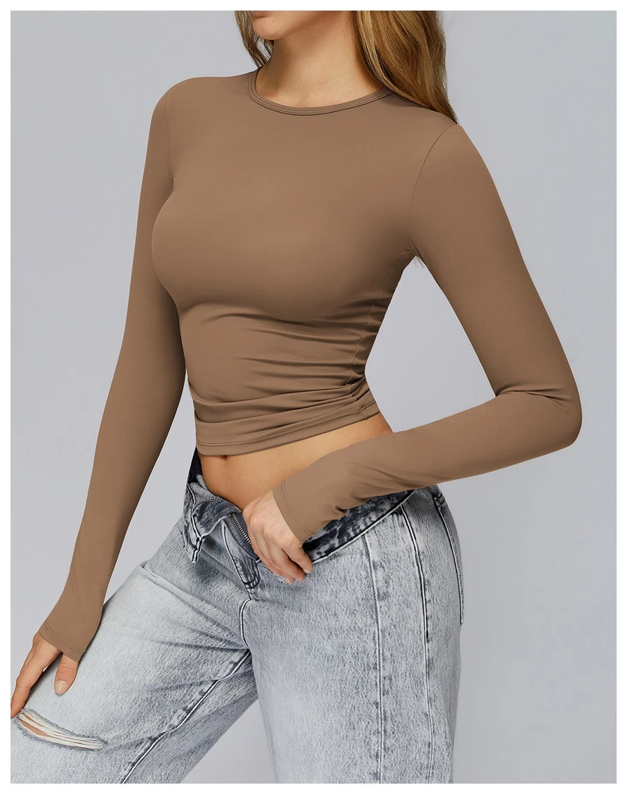 side view for Women's winter brushed long sleeve yoga top with four-way stretch compression fabric for yoga, Pilates, running and gym workouts-mocha brown