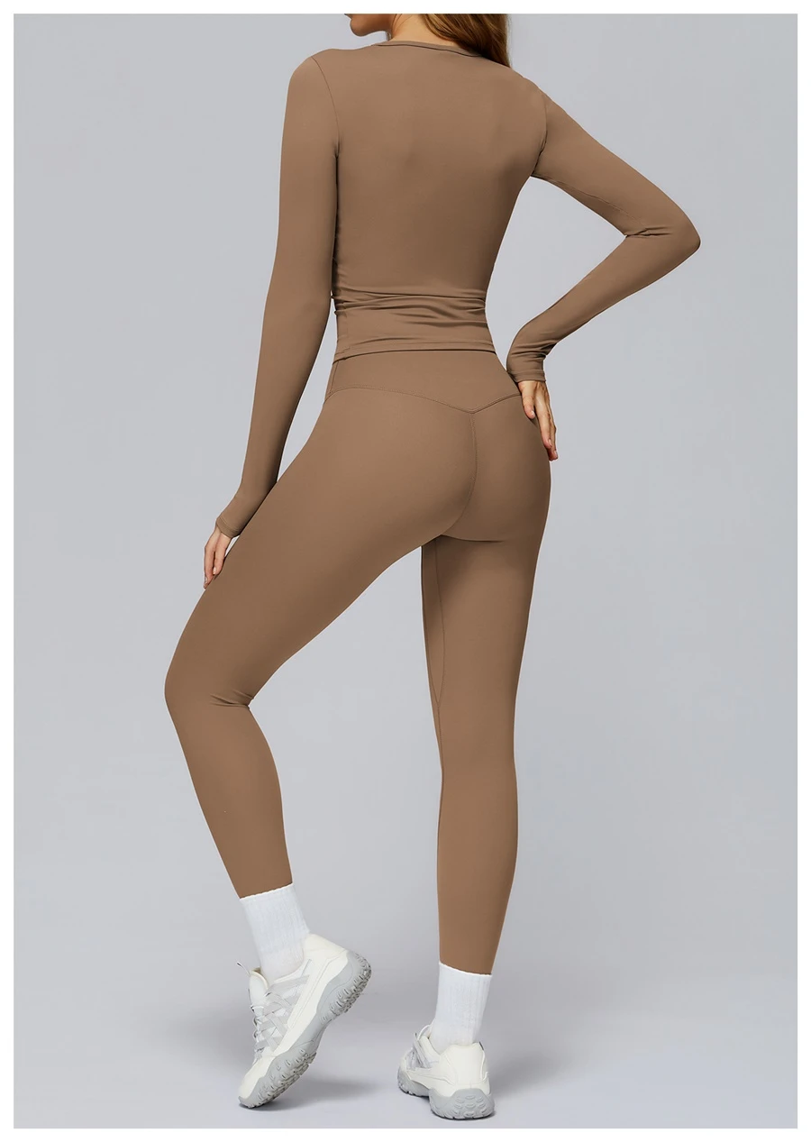 back view for Women's winter brushed long sleeve yoga top with four-way stretch compression fabric for yoga, Pilates, running and gym workouts-mocha brown
