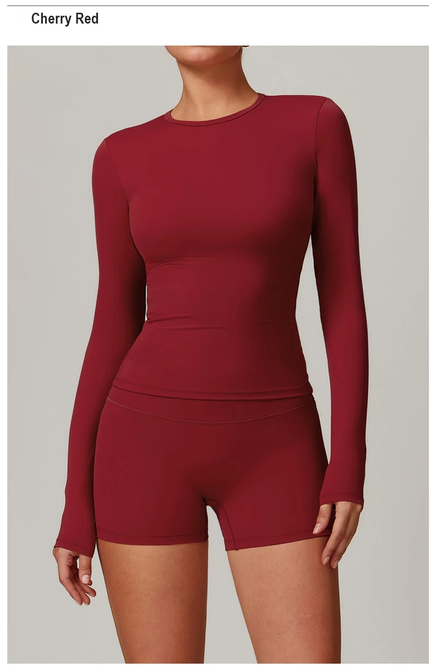 front view for Women's winter brushed long sleeve yoga top with four-way stretch compression fabric for yoga, Pilates, running and gym workouts-cherry red