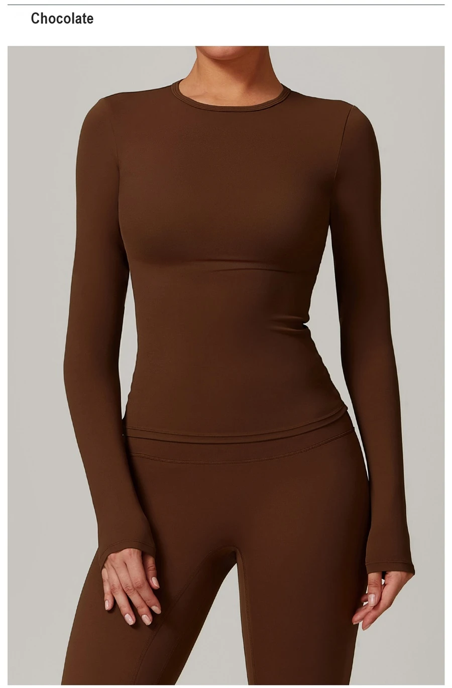 front view for Women's winter brushed long sleeve yoga top with four-way stretch compression fabric for yoga, Pilates, running and gym workouts-chocolate