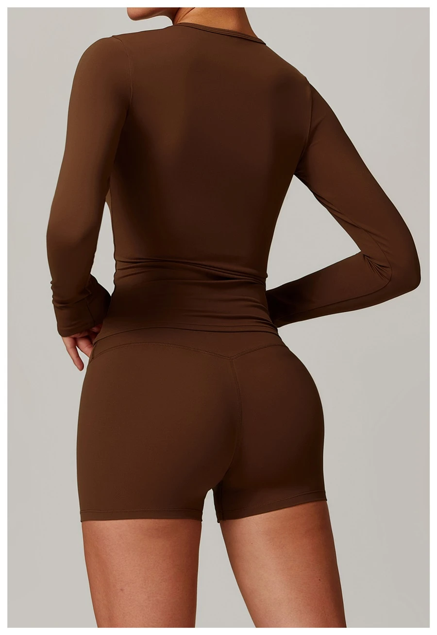 back view for Women's winter brushed long sleeve yoga top with four-way stretch compression fabric for yoga, Pilates, running and gym workouts-chocolate