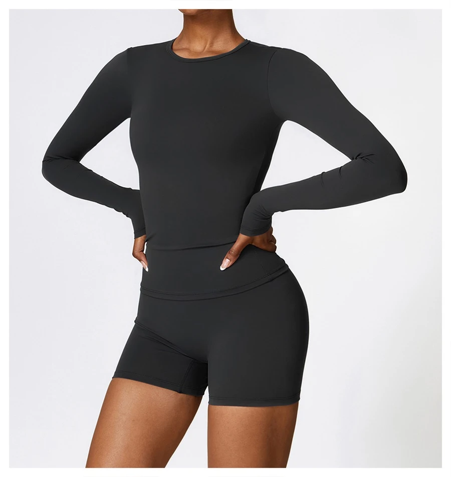 back view for Women's winter brushed long sleeve yoga top with four-way stretch compression fabric for yoga, Pilates, running and gym workouts-black