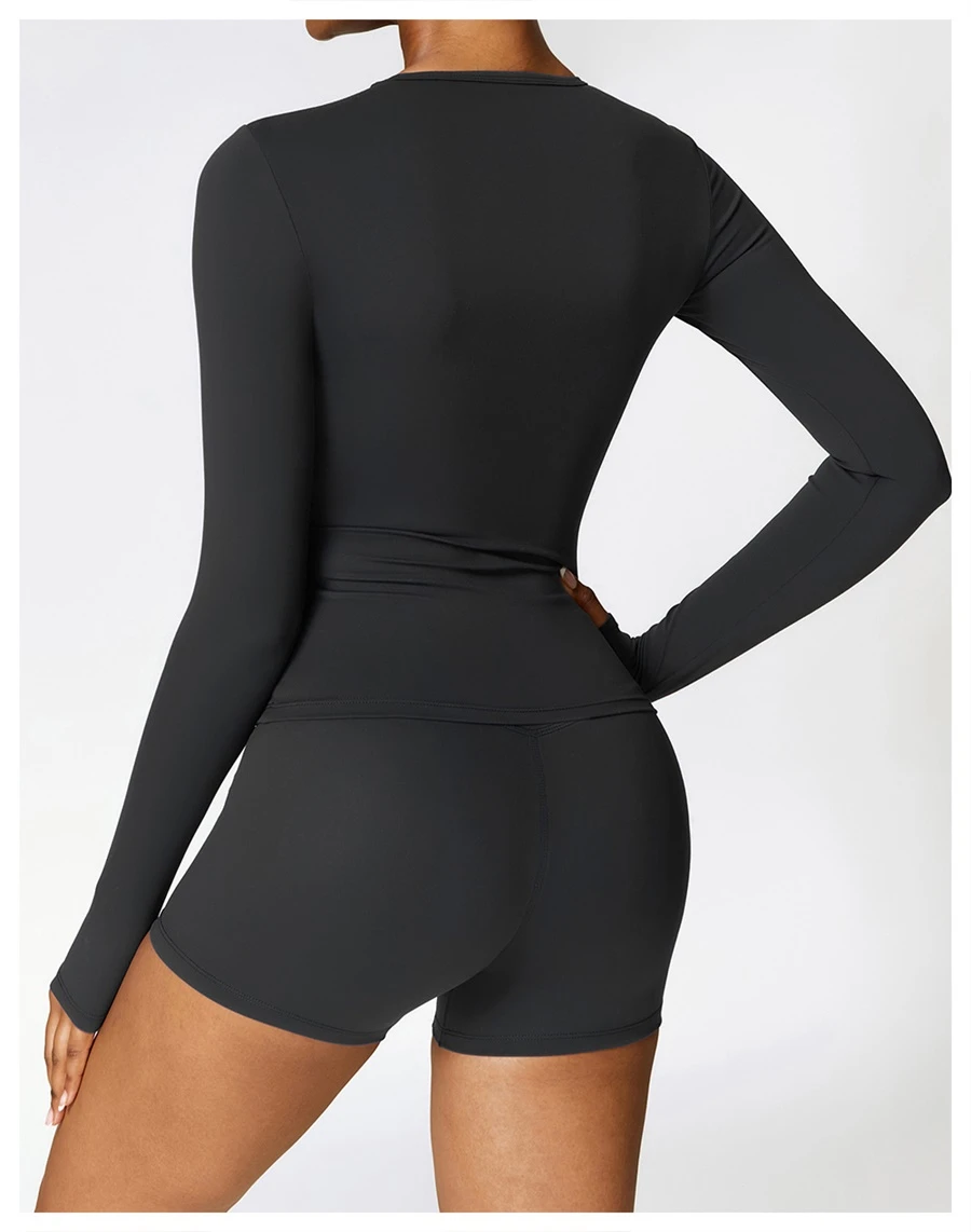 back view for Women's winter brushed long sleeve yoga top with four-way stretch compression fabric for yoga, Pilates, running and gym workouts-black