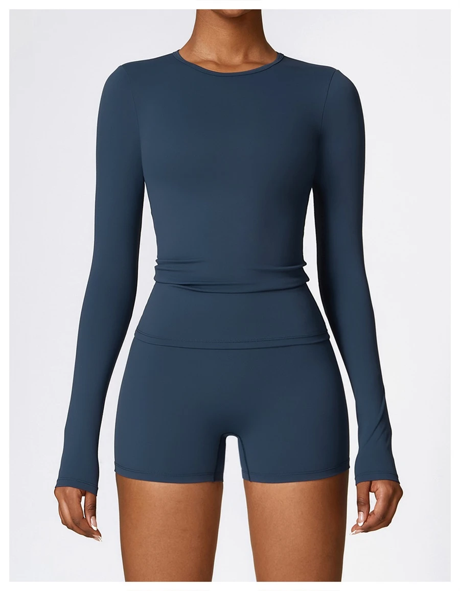 front view for Women's winter brushed long sleeve yoga top with four-way stretch compression fabric for yoga, Pilates, running and gym workouts-blue