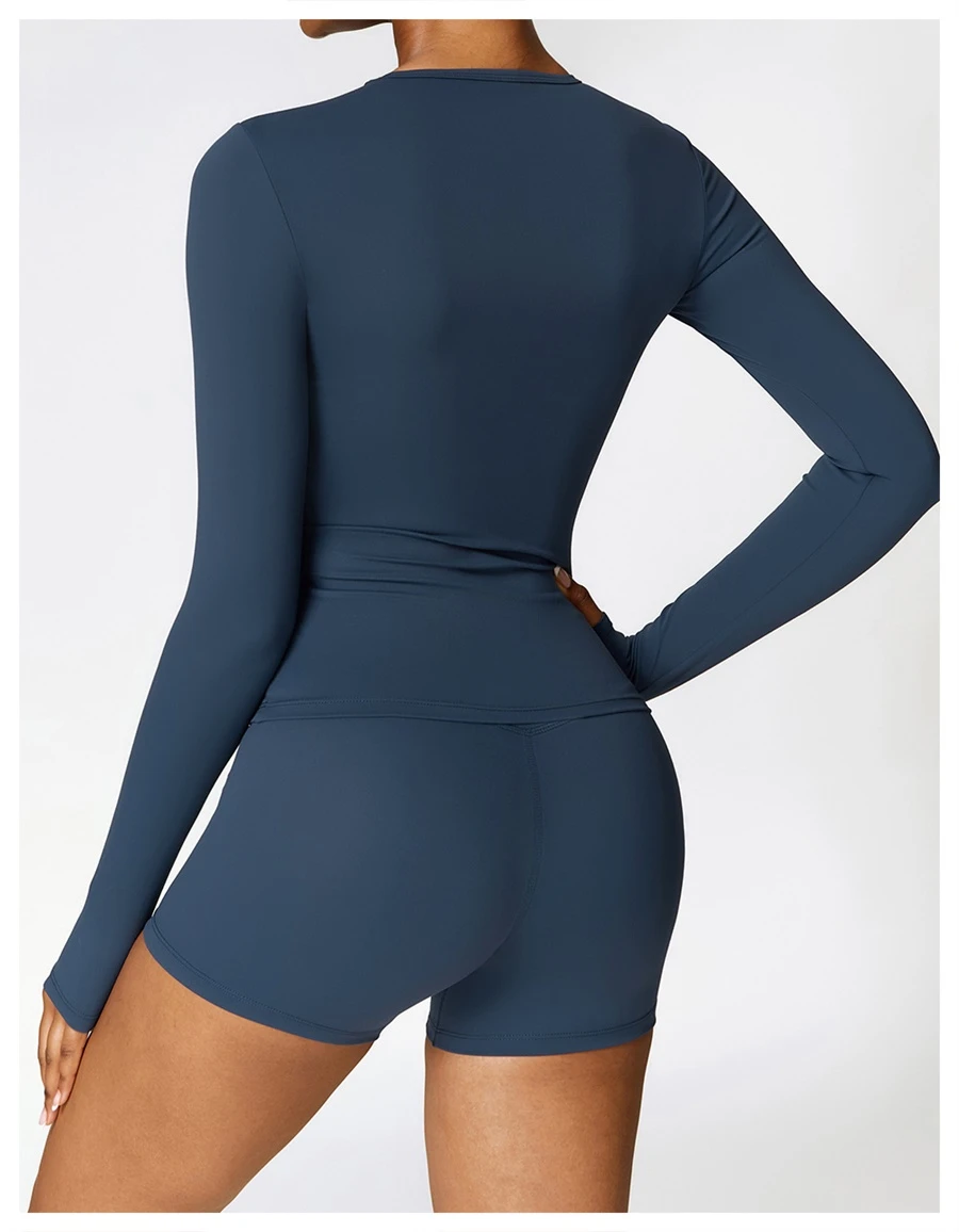 back view for Women's winter brushed long sleeve yoga top with four-way stretch compression fabric for yoga, Pilates, running and gym workouts-blue