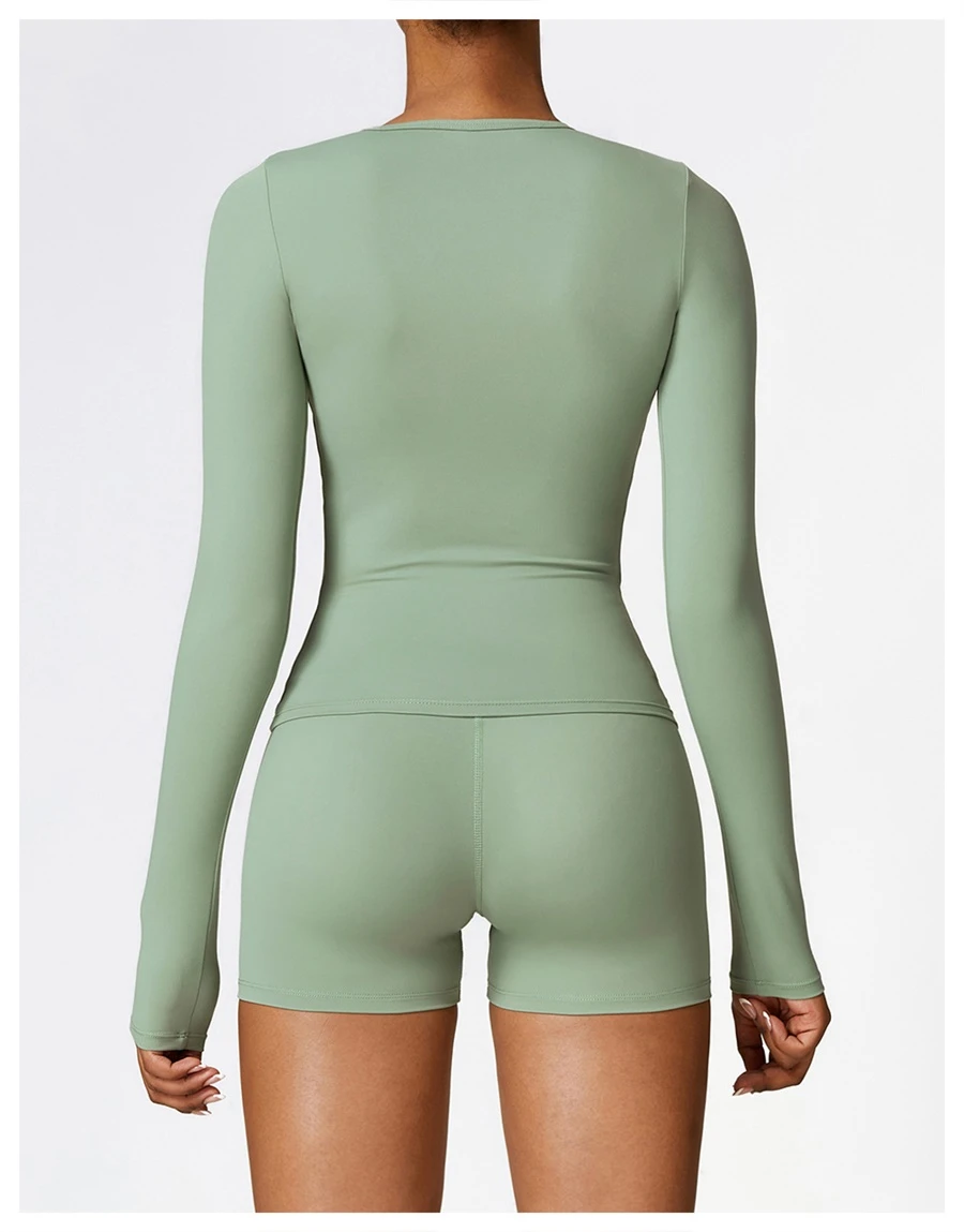 back view for Women's winter brushed long sleeve yoga top with four-way stretch compression fabric for yoga, Pilates, running and gym workouts-green