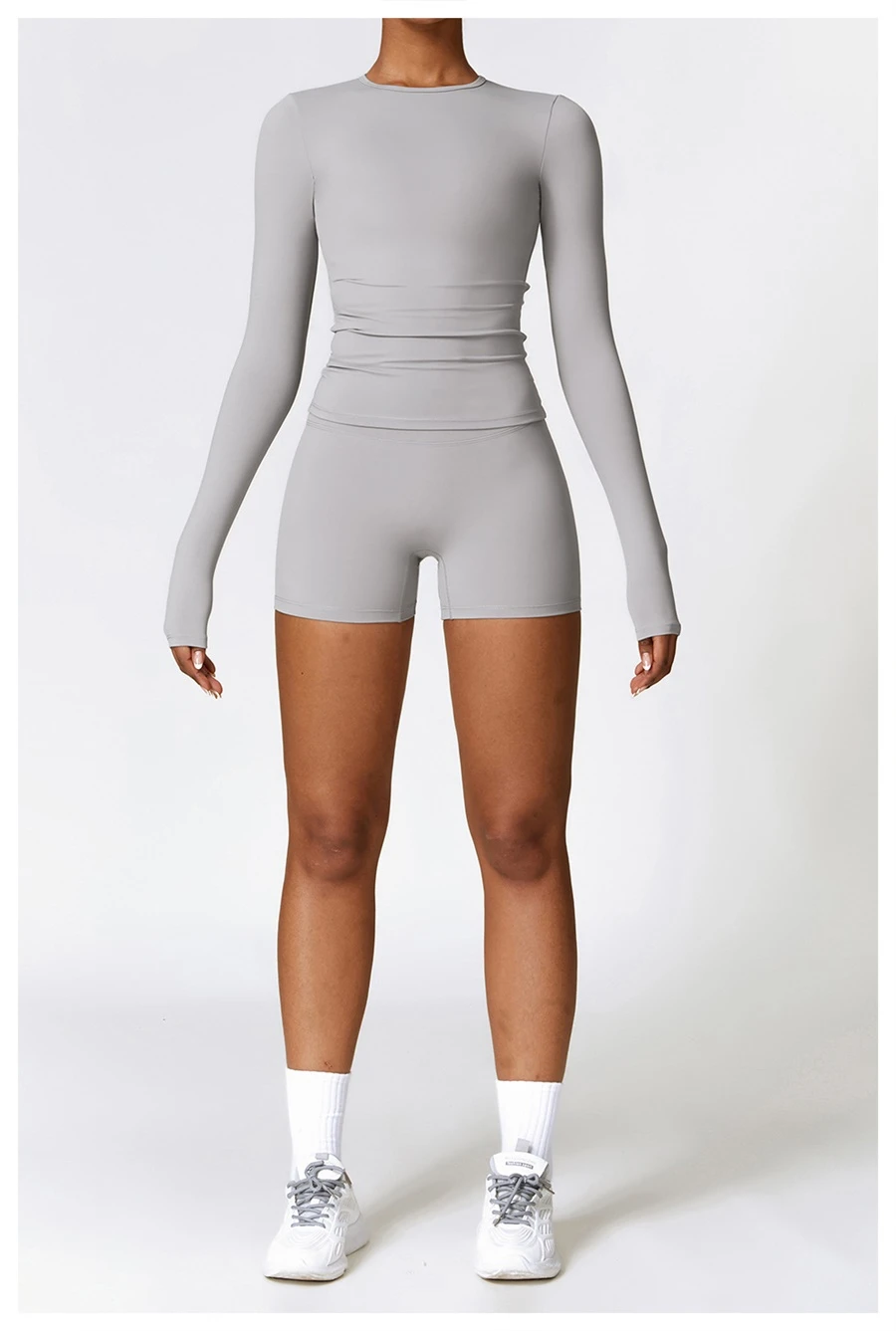 front view for Women's winter brushed long sleeve yoga top with four-way stretch compression fabric for yoga, Pilates, running and gym workouts-gray