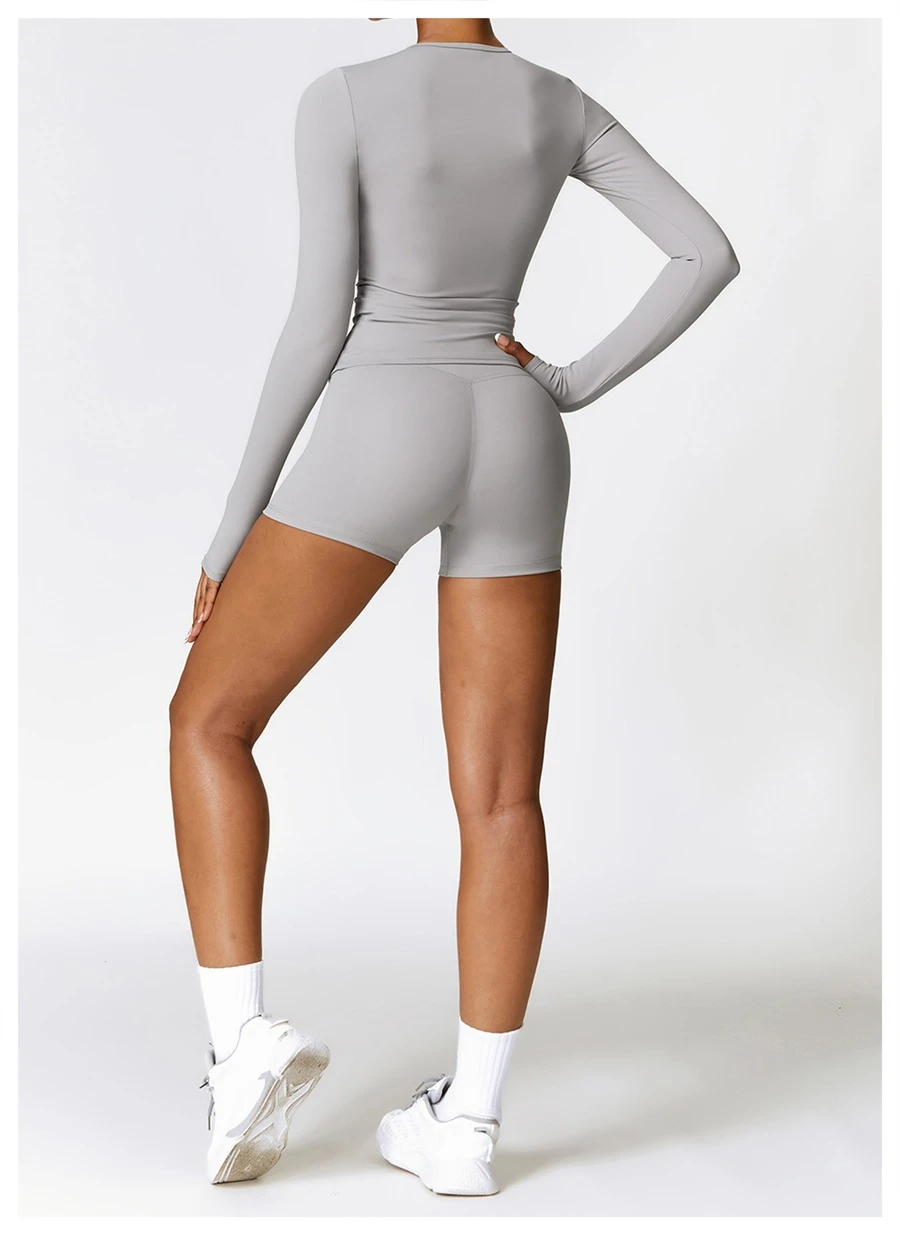 back view for Women's winter brushed long sleeve yoga top with four-way stretch compression fabric for yoga, Pilates, running and gym workouts-gray