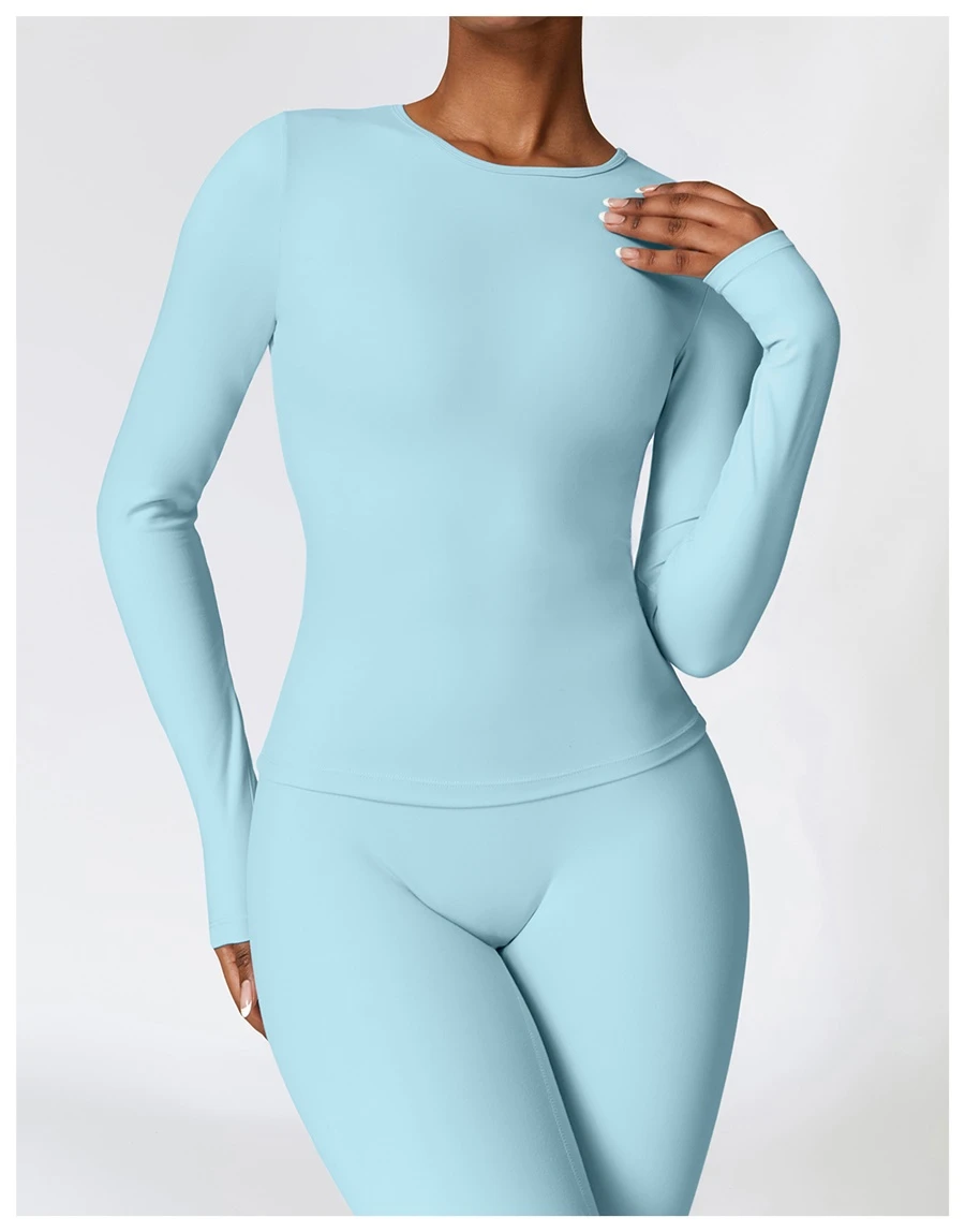 front view for Women's winter brushed long sleeve yoga top with four-way stretch compression fabric for yoga, Pilates, running and gym workouts-sky blue