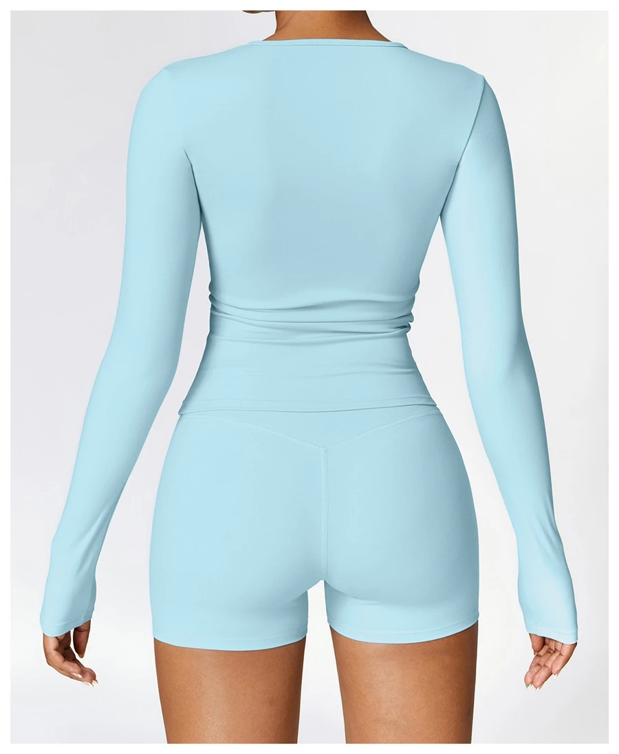 back view for Women's winter brushed long sleeve yoga top with four-way stretch compression fabric for yoga, Pilates, running and gym workouts-sky blue