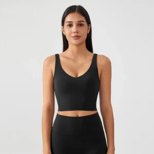 Women's V-neck longline sports bra with built-in pads for yoga and fitness