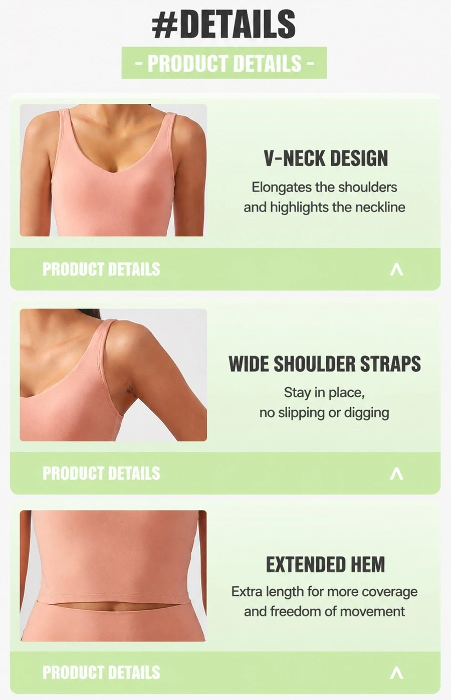 Women's V-neck longline sports bra with built-in pads for yoga and fitness-key features