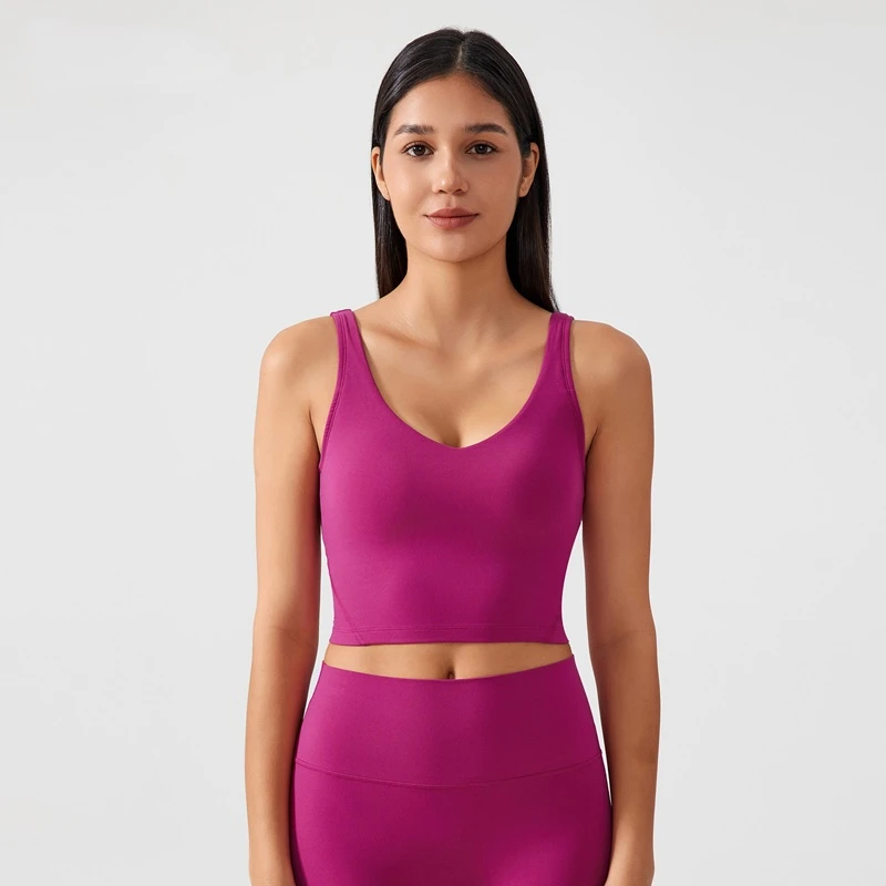 Women's V-neck longline sports bra with built-in pads for yoga and fitness