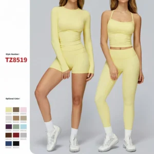 Women wearing matching yoga set for outdoor running and gym training, slim fit style