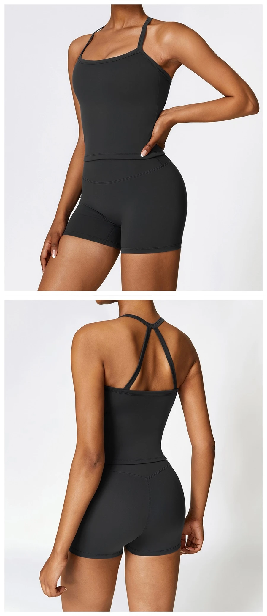 Women wearing matching yoga set for yoga running and gym training, slim fit style, cami top +shorts set black
