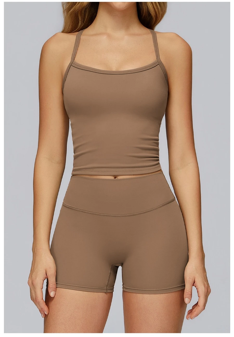 Women wearing matching yoga set for yoga running and gym training, slim fit style, cami top +shorts set Mocha brown