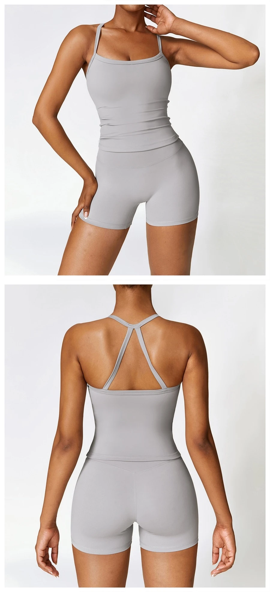 Women wearing matching yoga set for yoga running and gym training, slim fit style, cami top +shorts set frost gray