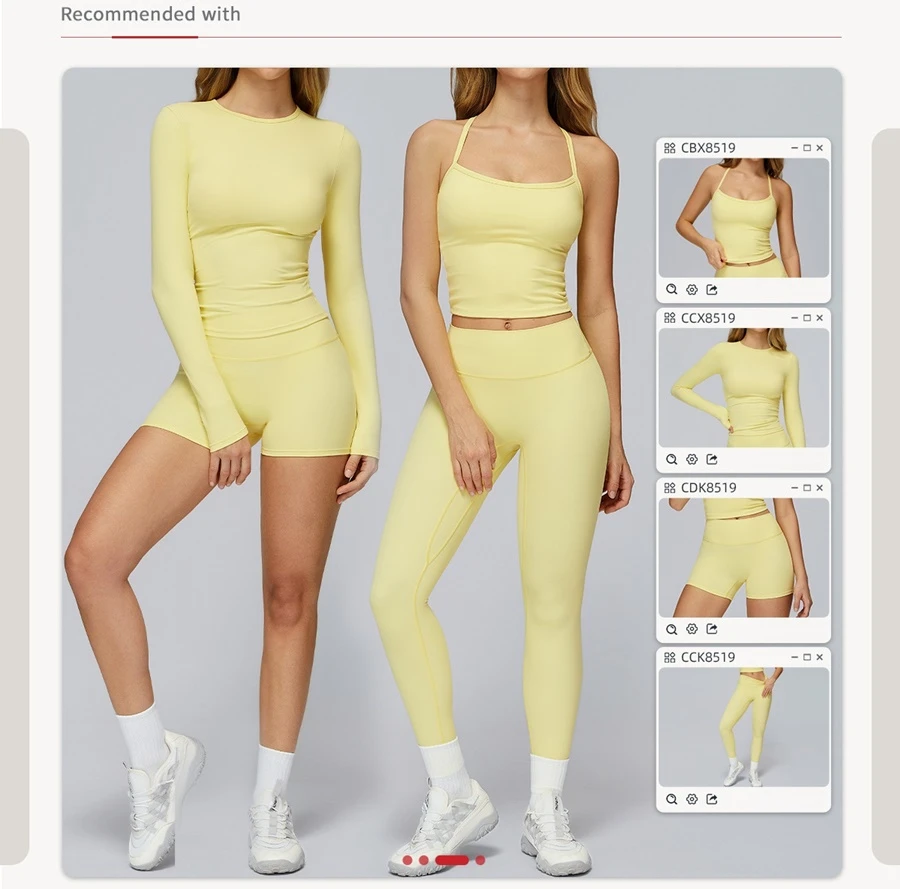 Women wearing matching yoga set for outdoor running and gym training, slim fit style