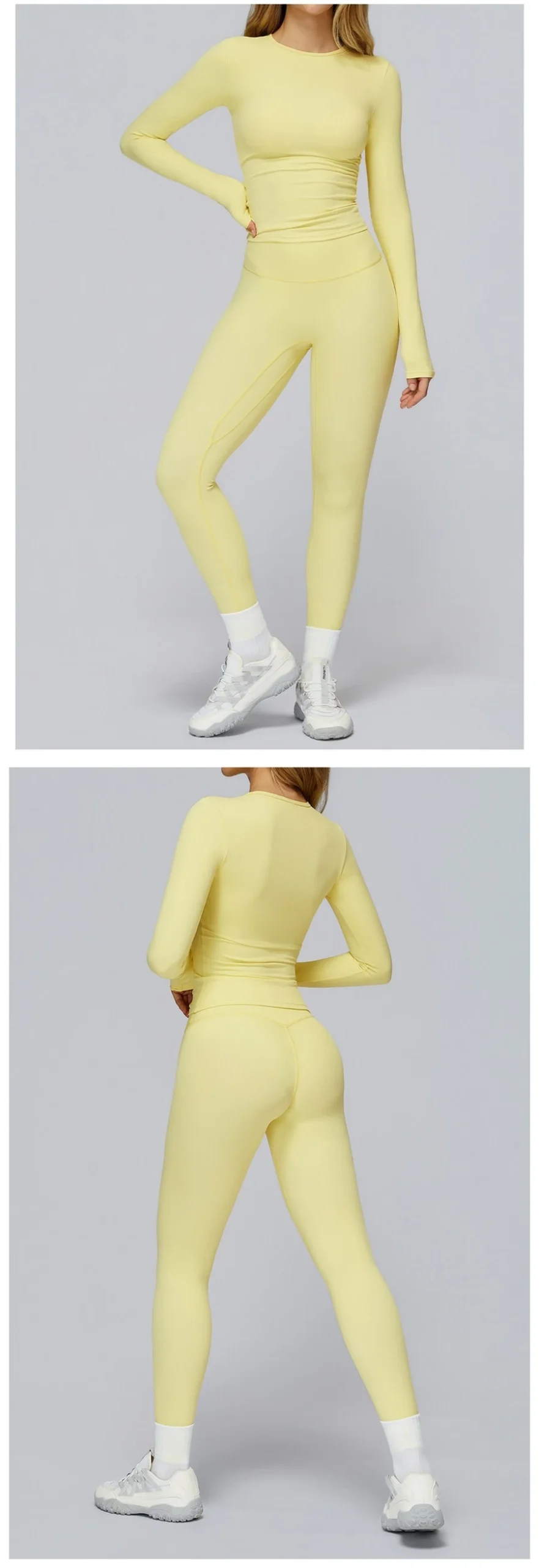 Women wearing matching yoga set for yoga running and gym training, slim fit style, long sleeve +leggings set yellow