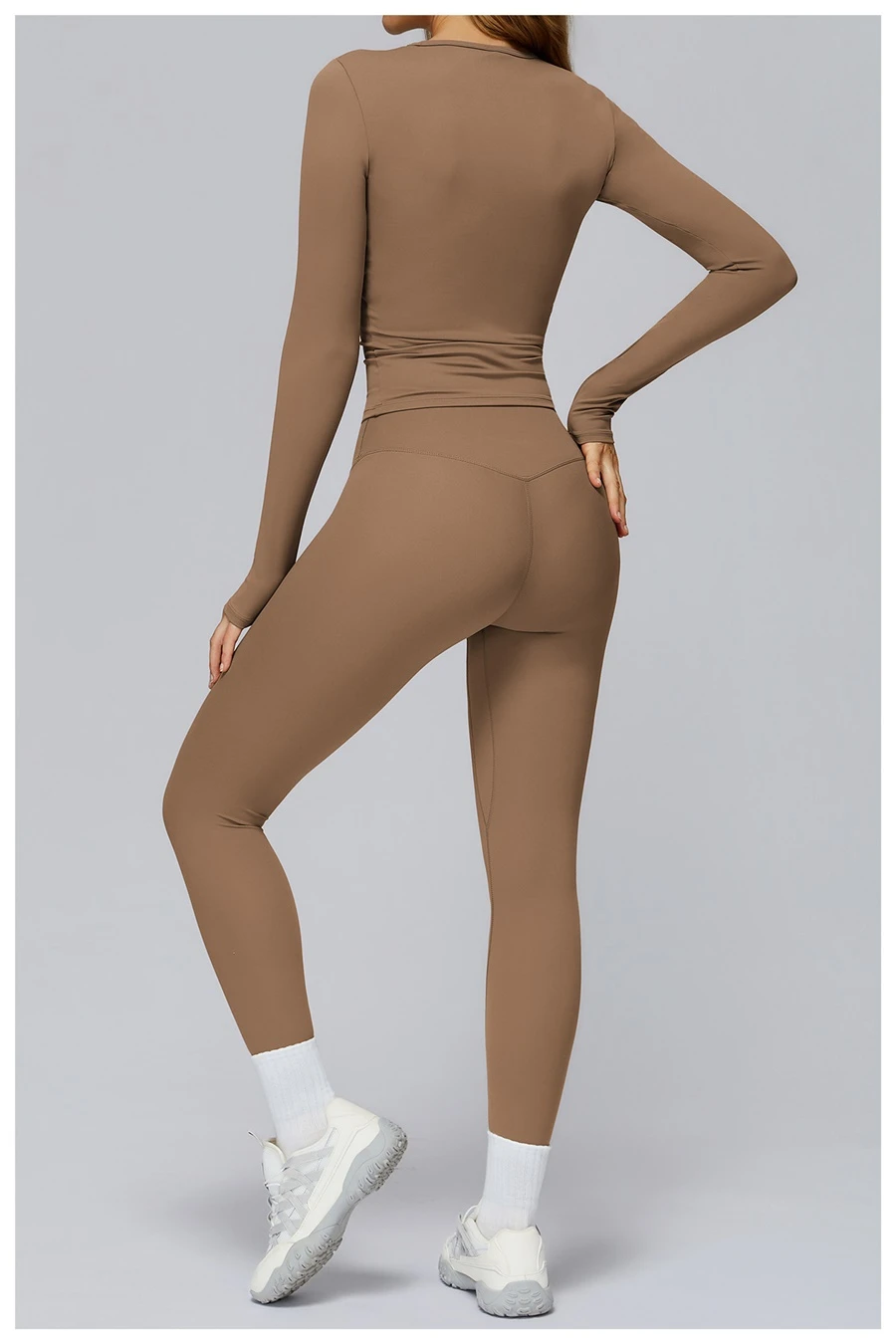 Women wearing matching yoga set for yoga running and gym training, slim fit style, long sleeve +leggings set brown