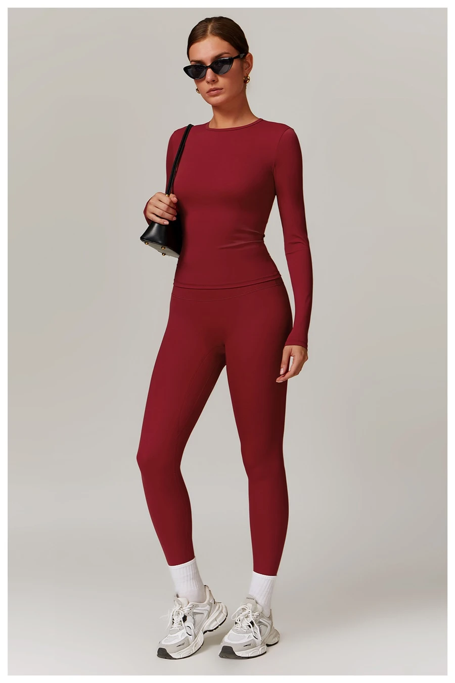 Women wearing matching yoga set for yoga running and gym training, slim fit style, long sleeve +leggings set red