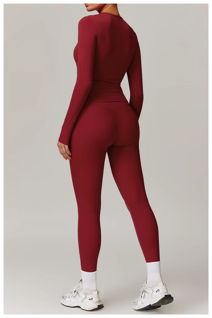 Women wearing matching yoga set for yoga running and gym training, slim fit style, long sleeve +leggings set red