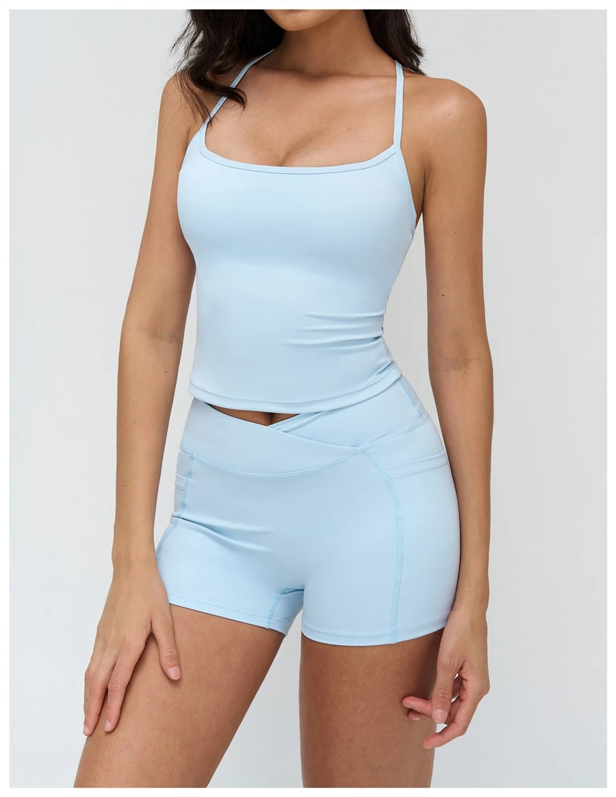 Women's fitness tank top with removable padded cups and four way stretch fabric-wave blue