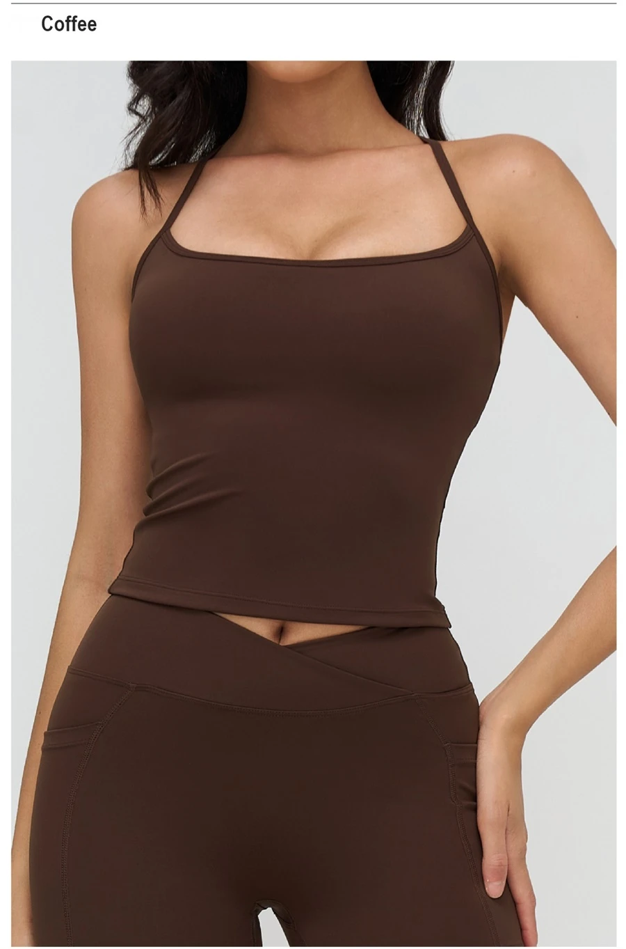 Longline yoga tank top with body shaping fit for women-coffee brown