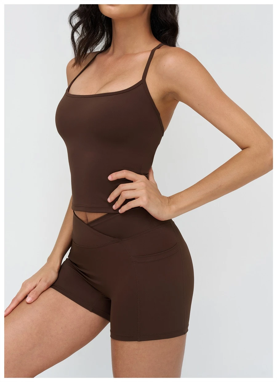 Women's fitness tank top with removable padded cups and four way stretch fabric-coffee