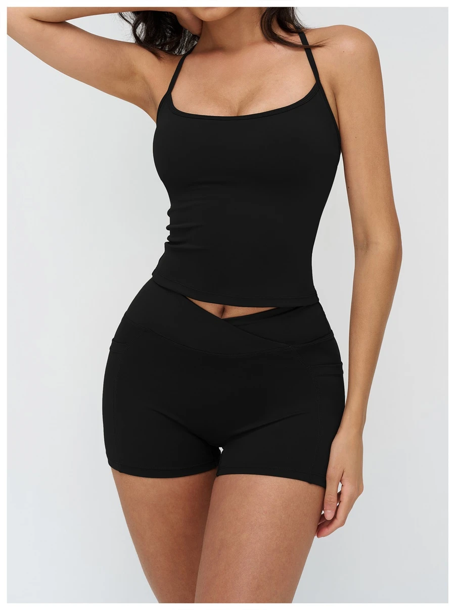 Women's fitness tank top with removable padded cups and four way stretch fabric-black